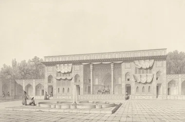 Throne Pavilion, in Teheran, from Voyage Pittoresque of Persia, engraved by Claude Sauvageot (1832-85) published by Lemercier, Paris, 1856